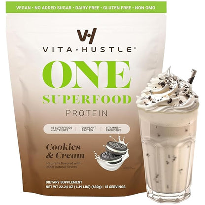 VitaHustle ONE - Superfood Meal Replacement Shake, Plant Based Protein Powder, Vegan. 86 Superfoods, Vitamins, & Minerals, Ashwagandha, Adaptogens. Founded by Kevin Hart. (Cookies & Cream) 15 Servings