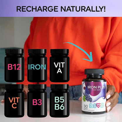 LIVS Iron Plus Gummy Vitamin | Iron with Vitamin C | Made in USA | Iron Gummies for Adults & Kids | All-Natural, Gluten-Free, Non-GMO & Vegan Iron Supplement Gummies | Grape Flavored, 180 Count