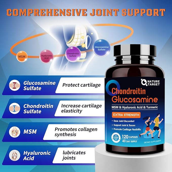 NATURE TARGET Glucosamine Chondroitin MSM, Joint Support Supplement, Shellfish Free, Turmeric Boswellia, Hyaluronic Acid, Collagen, Calium for Cartilage and Bone Health,120 Capsules, 40 Servings