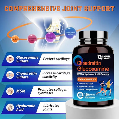 NATURE TARGET Glucosamine Chondroitin MSM, Joint Support Supplement, Shellfish Free, Turmeric Boswellia, Hyaluronic Acid, Collagen, Calium for Cartilage and Bone Health,120 Capsules, 40 Servings
