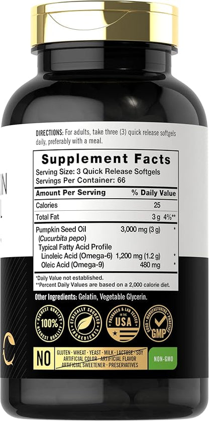 Carlyle Pumpkin Seed Oil | 3000mg | 200 Softgel Capsules | Non-GMO and Gluten Free Formula | Cold Pressed Dietary Supplement
