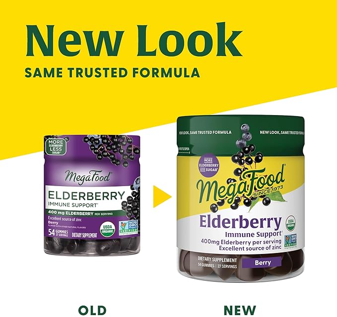 MegaFood Elderberry Immune Support Supplement - Vegan Elderberry Gummies for Adults - Made with Zinc and Real Food - Pectin-Based, Gluten-Free, USDA Organic - 54 Gummies, 27 Servings