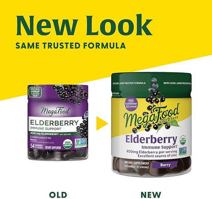 MegaFood Elderberry Immune Support Supplement - Vegan Elderberry Gummies for Adults - Made with Zinc and Real Food - Pectin-Based, Gluten-Free, USDA Organic - 54 Gummies, 27 Servings