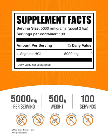 BulkSupplements.com L-Arginine HCl Powder - Arginine Supplement, Nitric Oxide Supplement - Arginine Powder, Unflavored & Gluten Free, 5000mg per Serving, 500g (1.1 lbs) (Pack of 1)