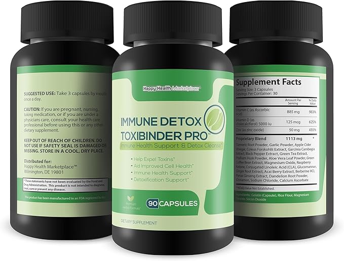 Immune Detox Toxibinder Pro - Detox & Immune Support Supplement - Help Expel Toxins - Natural Detox Cleanse - Psyllium, Vitamin C, Ginger, Zinc, Dandelion Root - Full Body Detox Immune Boost Support