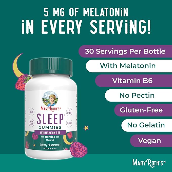MaryRuth's Melatonin Gummies | Melatonin 5mg Sleep Gummies with Vitamin B6 | Made with Organic Cane Sugar | Relaxation & Sleep Support for Adults | Vegan | Non-GMO | Gluten Free | 60 Count