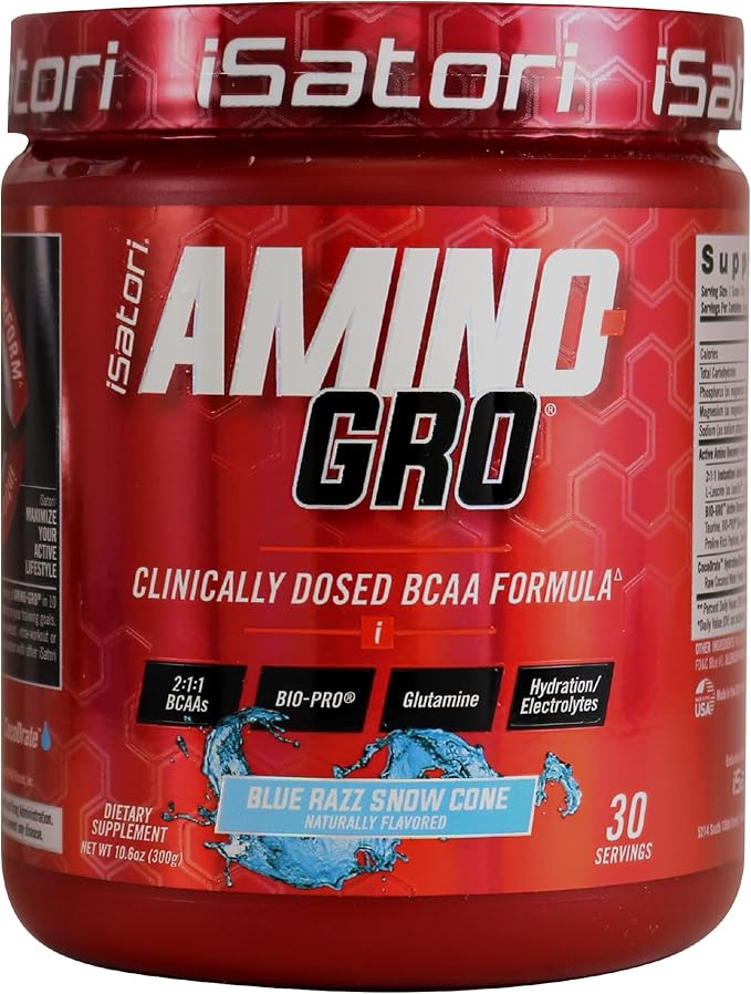 iSatori Amino-GRO BCAA Powder, Branched Chain Amino Acids with Glutamine, Electrolyte Powder & Bio-GRO Bio-Active Peptides for Muscle Growth & Post Workout Recovery, Blue Razz Snow Cone (30 Servings)