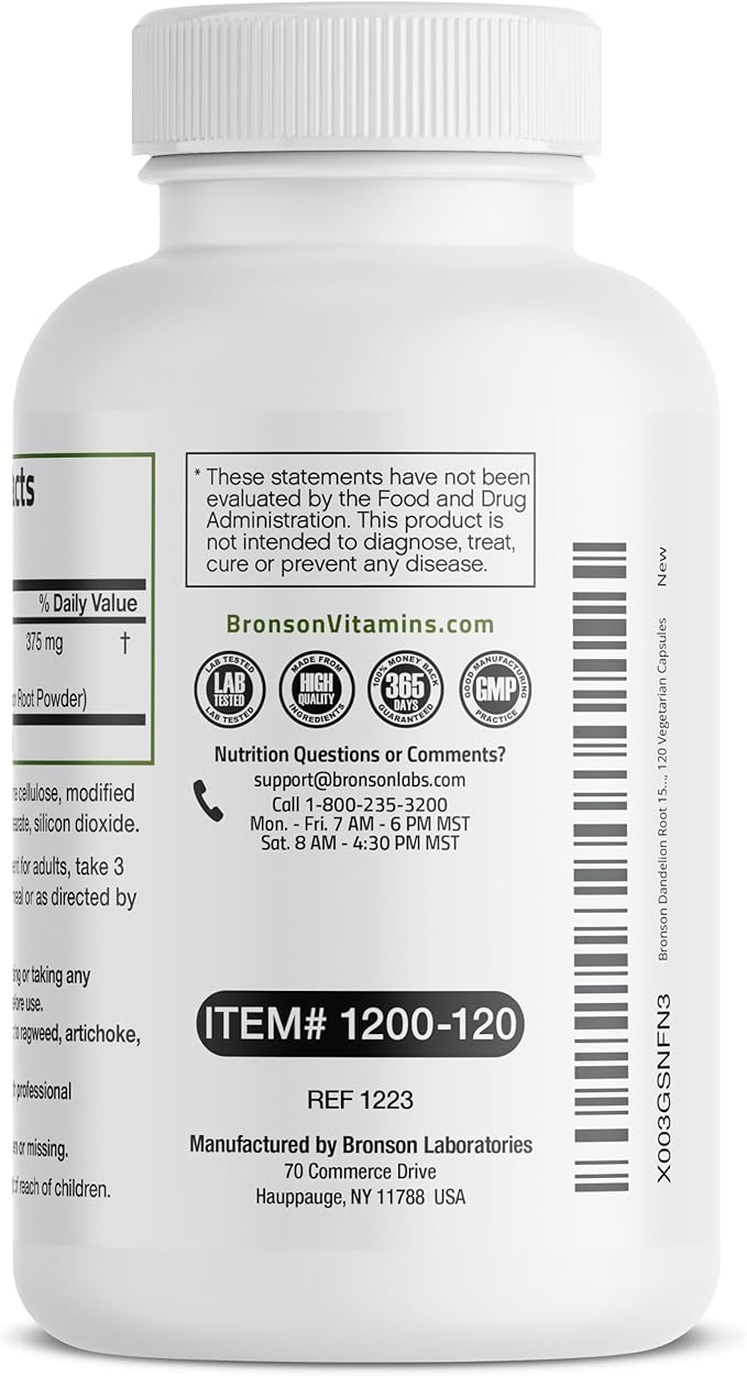 Bronson Dandelion Root High Potency Supplement, Supports Overall Good Health & Well-Being, Traditional Diuretic Herb - Non-GMO, 120 Vegetarian Capsules