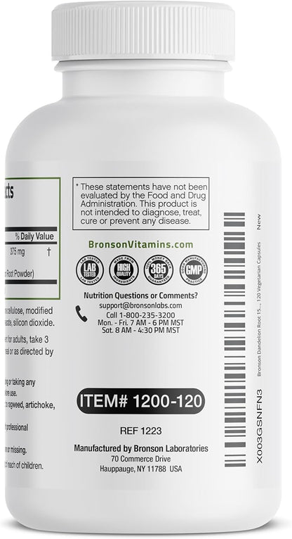 Bronson Dandelion Root High Potency Supplement, Supports Overall Good Health & Well-Being, Traditional Diuretic Herb - Non-GMO, 120 Vegetarian Capsules