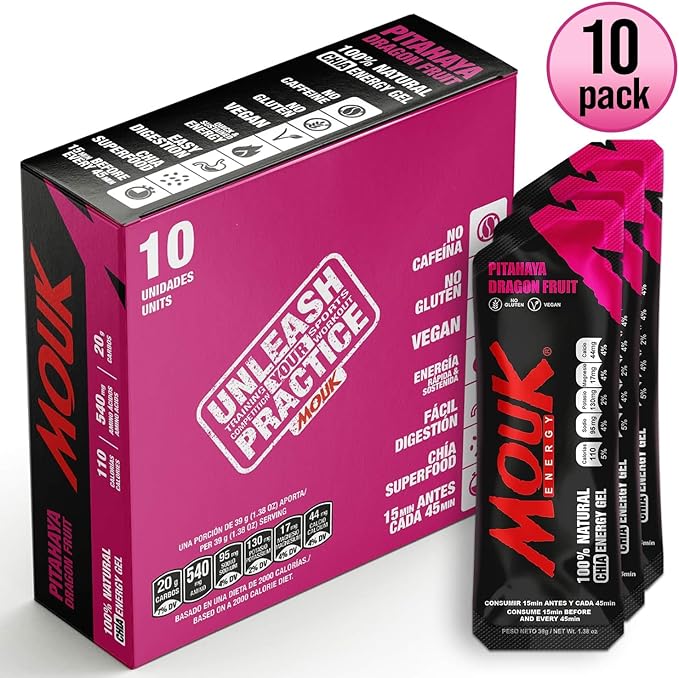 MOUK Energy Workout & Sports Nutrition Energy Gel - Dragon Fruit Flavor All Natural with Whole Chia Seeds | Easy Digestion, Vegan, Gluten Free, Essential Electrolyte | 1.38 Ounce (Pack of 10)