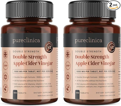 Double Strength Apple Cider Vinegar 1000mg x 360 Tablets (2 Bottles of 180 Tablets - 1 Years Supply)
