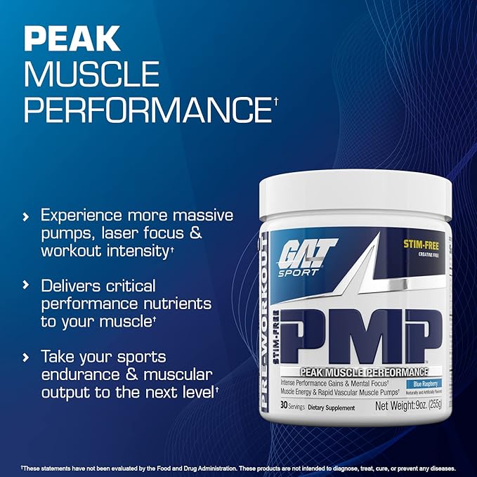 GAT SPORT PMP (Peak Muscle Performance), Pre-Workout, 30 Servings (Blue Raspberry (Stim-Free))