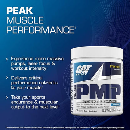 GAT SPORT PMP (Peak Muscle Performance), Pre-Workout, 30 Servings (Blue Raspberry (Stim-Free))