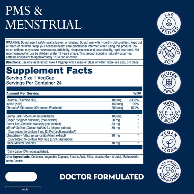 Solaray PMS & Menstrual her life STAGES - PMS Support Supplement for Women with Cramp Bark, Vitex Chasteberry - Made Without Hormones - 60-Day Guarantee - Vegan, Lab Verified - 24 Servings, 24 VegCaps