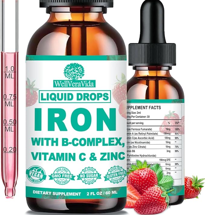 Liquid Iron Supplement w/Vitamin C, B-Complex, High Potency Iron Liquid w. Multivitamin, Vegan Iron Drops for Women, Kids, Chelate Liquid Iron Supplement for Anemia, Fatigue, Red Blood Cell Support