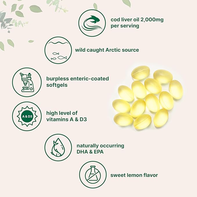 Cod Liver Oil 2,000mg Per Serving, 360 Softgels | Lemon Flavored – Burpless – Wild Caught – Arctic Deep Sea Fish | High in Omega 3, EPA, DHA, Vitamins A, & D3 | Heart, Brain, & Immune Supplement