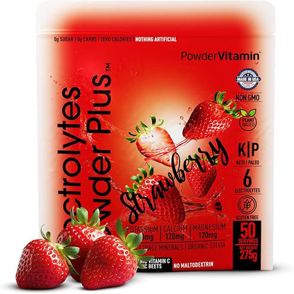 Electrolytes Powder Plus Keto, Strawberry (50 Servings) 0 Sugar, No Maltodextrin,1000mg Potassium,120mg Calcium,120mg Magnesium,Organic Vitamin C,Zero Calories, Energy Hydration Powder