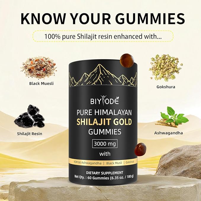 Shilajit Gummies: Pure Shilajit Himalayan Rich in Ashwagandha Gaulshura Fulvic Acid 85 Micronutrients Suitable for Men and Women No Added Sugar Non-GMO 100% Natural Organic 60 Gummies