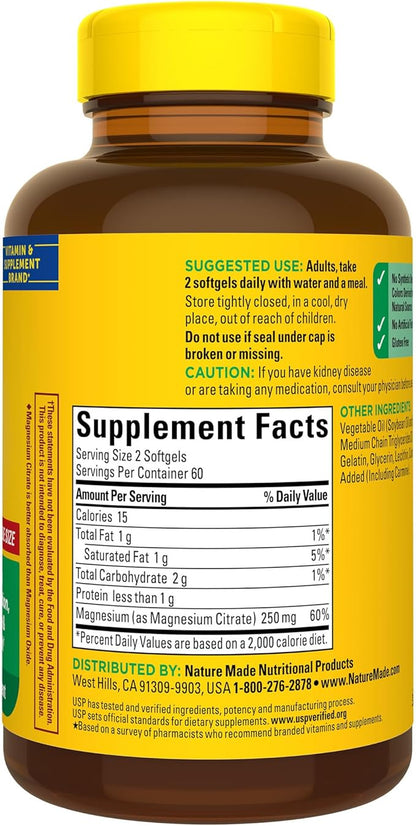 Nature Made Magnesium Citrate 250 mg per serving, Magnesium Supplement for Muscle, Nerve, Bone and Heart Support, 120 Softgels, 60 Day Supply