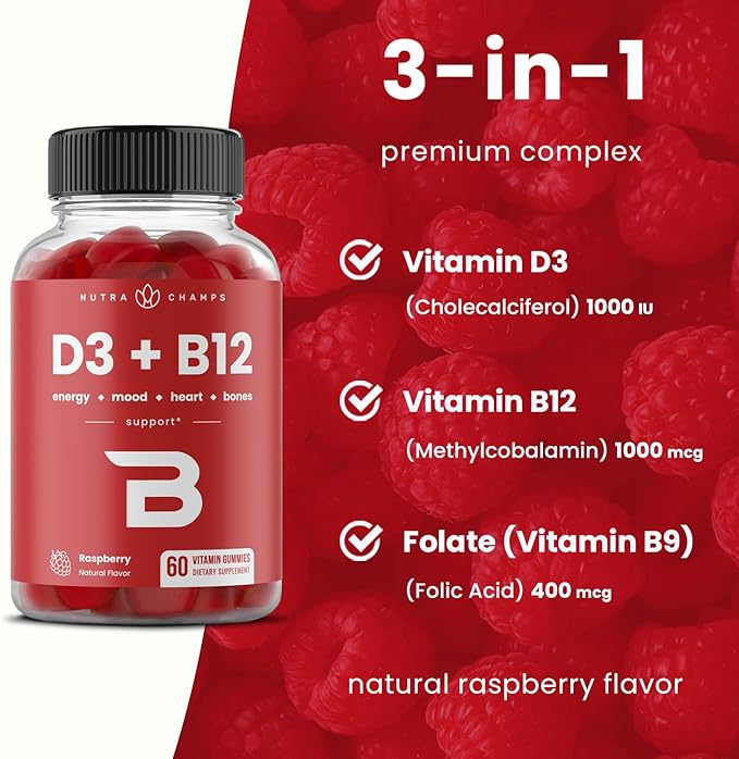 Vitamin D3 & Vitamin B12 | Methyl B12 Gummies for Adults & Kids | Enhanced with Vitamin D 3 & B9 Vitamin Folate | Natural Energy, Mood, Metabolism & Focus | Raspberry | 120 Gummies (2 Pack)