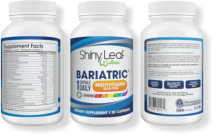 Shiny Leaf Bariatric Multivitamin Iron-Free Capsules for Post Bariatric Surgery Patients, Once Daily Bariatric Vitamins Without Iron for WLS, Sleeve, Gastric Bypass Surgery (1 Month / 30 Caps)