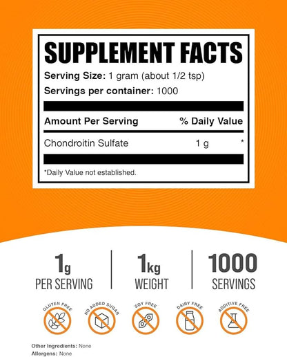 BulkSupplements.com Chondroitin Sulfate Powder - Chondroitin Sulfate Supplements, Chondroitin Sulfate 1000mg - Gluten Free, 1000mg per Serving, 1kg (2.2 lbs) (Pack of 1)
