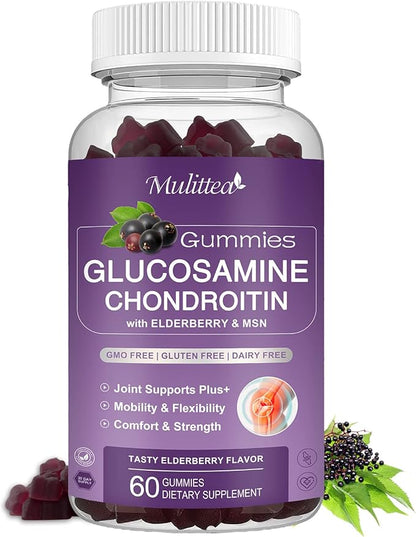 Glucosamine Chondroitin Gummies - Extra Strength Joint Support Supplement with MSM & Elderberry for Natural Joint, Antioxidant Immune Support for Adults, Men & Women-(1 Pack)