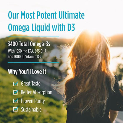 Nordic Naturals Ultimate Omega Xtra Liquid, Lemon Flavor - 8 oz - 3400 mg Omega-3 + 1000 IU Vitamin D3 - Omega-3 Fish Oil - EPA & DHA - Brain, Heart, Joint, & Immune Health - Non-GMO - 48 Servings