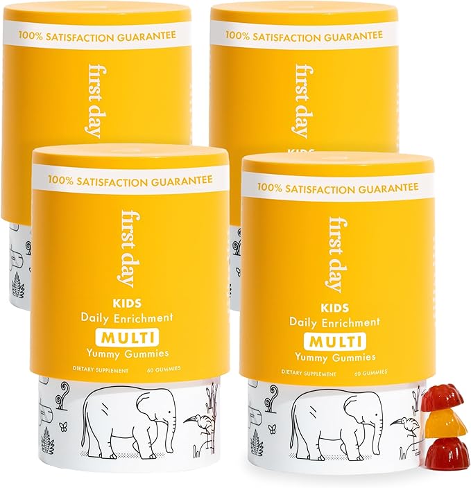 FIRST DAY Kids Daily Multivitamin Gummies – Vitamin A, D3, B6, B12, C, K2 & More to Support Growth, Brain Function, Immunity – Made w/Organic Fruits & Veggies, Only 2g Sugar – 4-Pk, 120 Day Supply