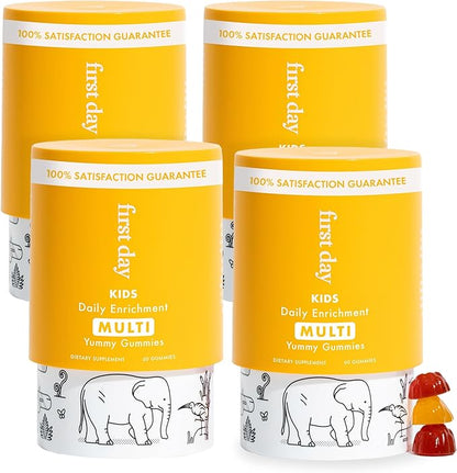 FIRST DAY Kids Daily Multivitamin Gummies – Vitamin A, D3, B6, B12, C, K2 & More to Support Growth, Brain Function, Immunity – Made w/Organic Fruits & Veggies, Only 2g Sugar – 4-Pk, 120 Day Supply