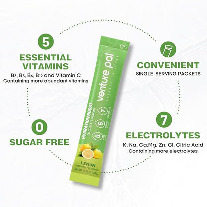 Venture Pal Sugar Free Electrolyte Powder Packets - Liquid Daily IV Drink Mix for Rapid Hydration & Party Recovery | 5 Vitamins & 7 Electrolytes| Keto Friendly | Non-GMO | Certified Vegan | 16 Sticks
