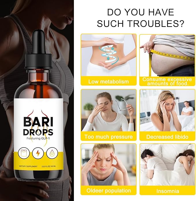 Bari Drops,Hunger & Metabolism Support Drops Featuring GLP-1, Fitness & Active Living, Supplement Drops