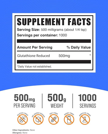 BulkSupplements.com Glutathione Reduced Powder - Glutathione Supplement, Reduced Glutathione Powder - Glutathione 500mg, Gluten Free, 500mg per Serving, 500g (1.1 lbs) (Pack of 1)