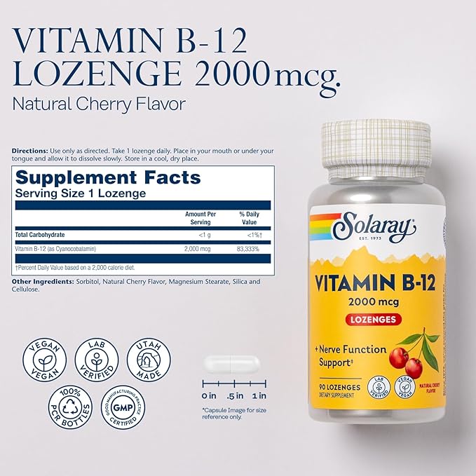 Solaray Vitamin B-12 2000 mcg No Sugar, Natural Cherry Flavor Healthy Energy & Red Blood Cell Support 90 Lozenges