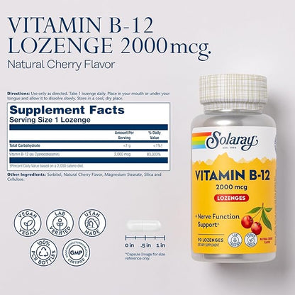 Solaray Vitamin B-12 2000 mcg No Sugar, Natural Cherry Flavor Healthy Energy & Red Blood Cell Support 90 Lozenges