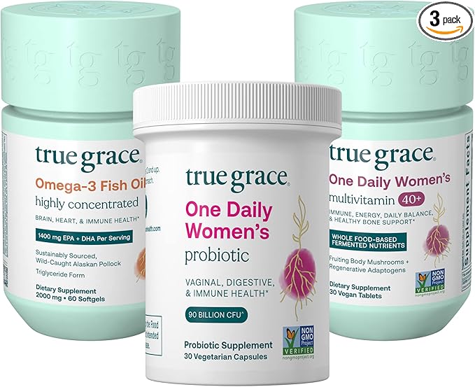 True Grace One Daily Women’s Multivitamin 40+ (30 Vegan Tablets), Omega-3 Fish Oil (60 Softgels) & One Daily Women’s Probiotic (30 Vegetarian Capsules) - 30-Day Supply of Each