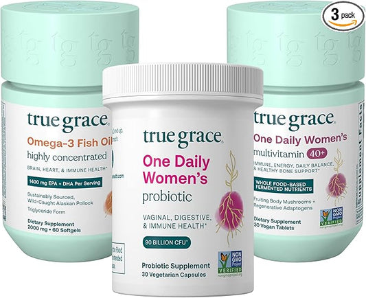 True Grace One Daily Women’s Multivitamin 40+ (30 Vegan Tablets), Omega-3 Fish Oil (60 Softgels) & One Daily Women’s Probiotic (30 Vegetarian Capsules) - 30-Day Supply of Each