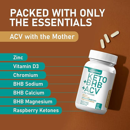 Keto ACV BHB Capsules 1600mg for Advanced Weight Loss & Belly Fat Burn - Organic Apple Cider Vinegar with The Mother Ketones Vegan Supplement - with Vitamin D3 Zinc Chromium for Men Women