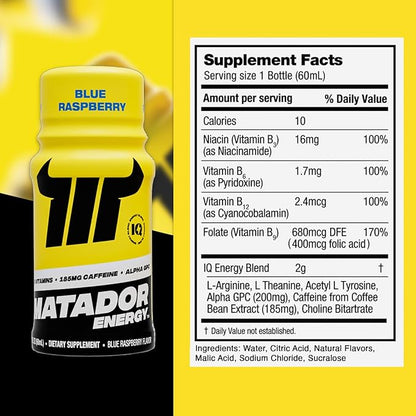 MATADOR Energy Shots - Blue Raspberry 24 Bulk Pack - Sugar Free Nootropic Natural Caffeine Energy Shot Bottles, B Vitamin Complex (Vitamin B3 & B12), 200 MG of Alpha GPC Enhancing Cognitive Function