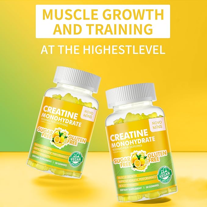 Creatine Monohydrate Gummies 5g for Men Women - Sugar Free Chewable Supplement. 180 Gummies Lemon