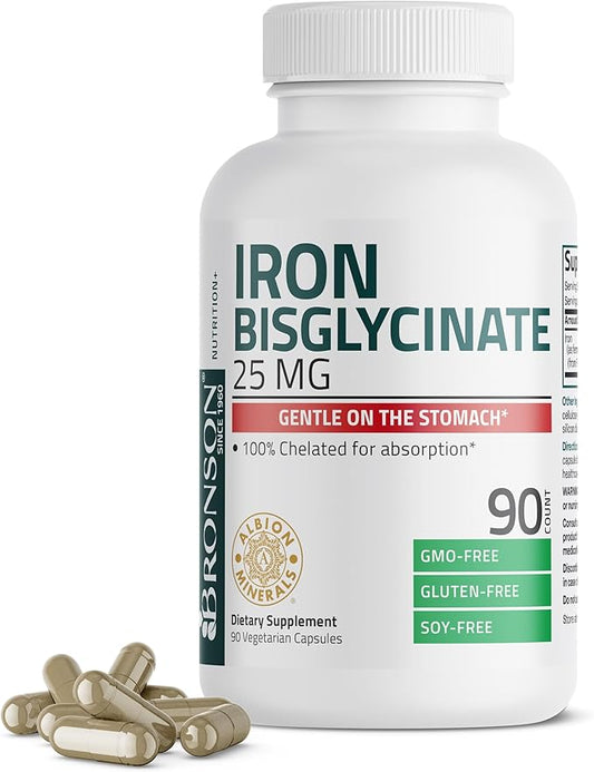 Bronson Iron Bisglycinate 25 mg Gentle on The Stomach, Supports Energy & Healthy Red Blood Cell Production - Non-Constipating Formula - Non GMO, 90 Vegetarian Capsules