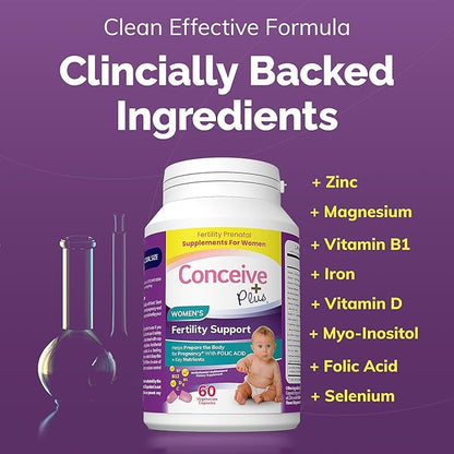 CONCEIVE PLUS Women's Fertility Support | Conception Vitamin Complex, Folic Acid, Zinc and Biotin | 30-Day Supply Fertility Supplement for Use When Trying to Get Prgenant | 60 Soft Capsules