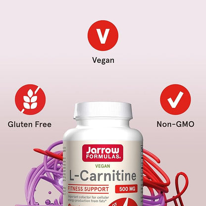 Jarrow Formulas L-Carnitine 500 mg - 100 Veggie Licaps - Important Cofactor for Energy Production (ATP) from Fats - Dietary Supplement - Vegan - Up to 100 Servings