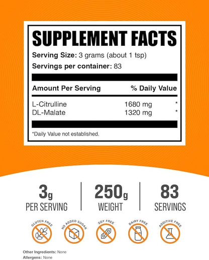 BulkSupplements.com L-Citrulline Malate 1:1 Powder - Citrulline Malate Powder, Citrulline Supplement - Unflavored & Gluten Free - 3g per Servings, 250g (8.8 oz) (Pack of 1)