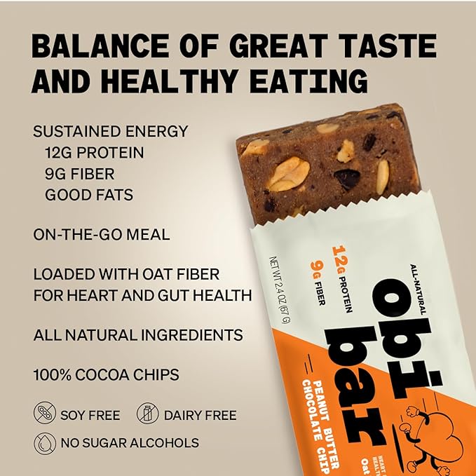 Obi Bar - Natural Protein and Fiber Bar | Snack or Meal Replacement | Heart Healthy Oat Fiber | Large Almond Chunks | Soy Free, Dairy Free | 2.4 oz bars, 12 Pack (Peanut Butter Chocolate Chip)