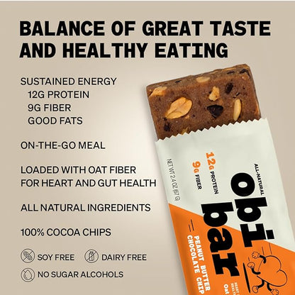 Obi Bar - Natural Protein and Fiber Bar | Snack or Meal Replacement | Heart Healthy Oat Fiber | Large Almond Chunks | Soy Free, Dairy Free | 2.4 oz bars, 12 Pack (Peanut Butter Chocolate Chip)