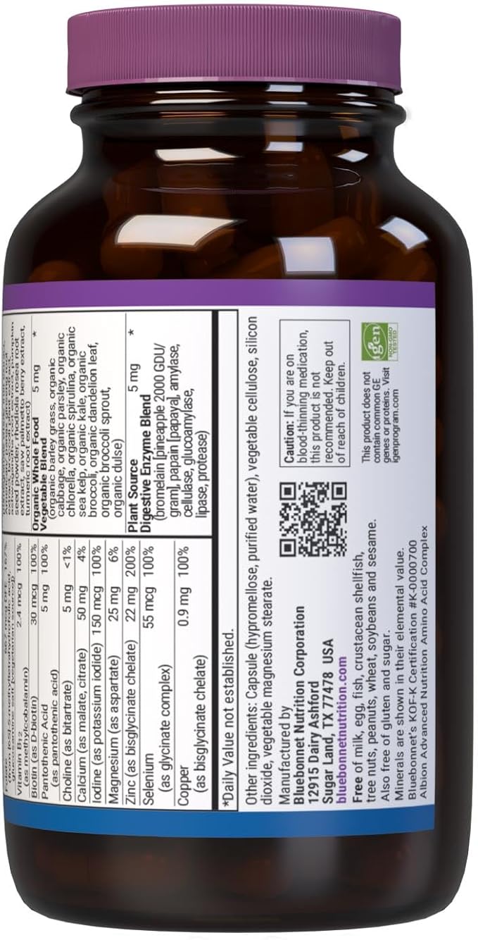 Bluebonnet Nutrition One for Men Whole Food-Based Multiple, Daily Nutrition*, Non-GMO, Vegetarian Friendly, Kosher, Gluten-Free, Soy-Free, Dairy-Free, Iron Free, 60 Vegetable Capsules, 60 Servings