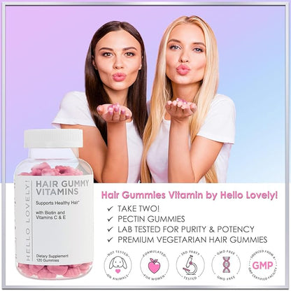 Hello Lovely! Hair Vitamins Gummy with Biotin 5000 mcg Vitamin E & C Support Hair Growth, Premium Vegetarian Non-GMO, for Stronger Beautiful Hair, Skin & Nails Supplement - 120 Bear Gummies