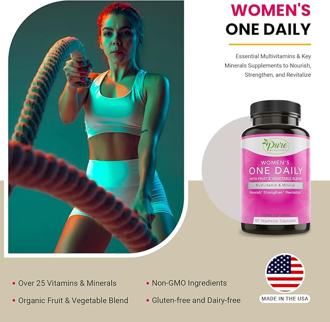Pure By Nature One-Daily Multivitamin for Women, Immune Support Supplement with Non-GMO Ingredient, Vitamin & Minerals for Energy, 60 Veggie Capsules