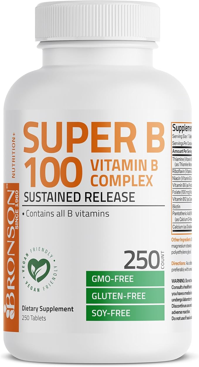 Bronson Super B 100 Vitamin B Complex Sustained Release Contains All B Vitamins (Vitamin B1, B2, B3, B6, B9 - Folic Acid, B12) Supports Energy Metabolism & Nervous System Health, Non-GMO, 250 Tablets